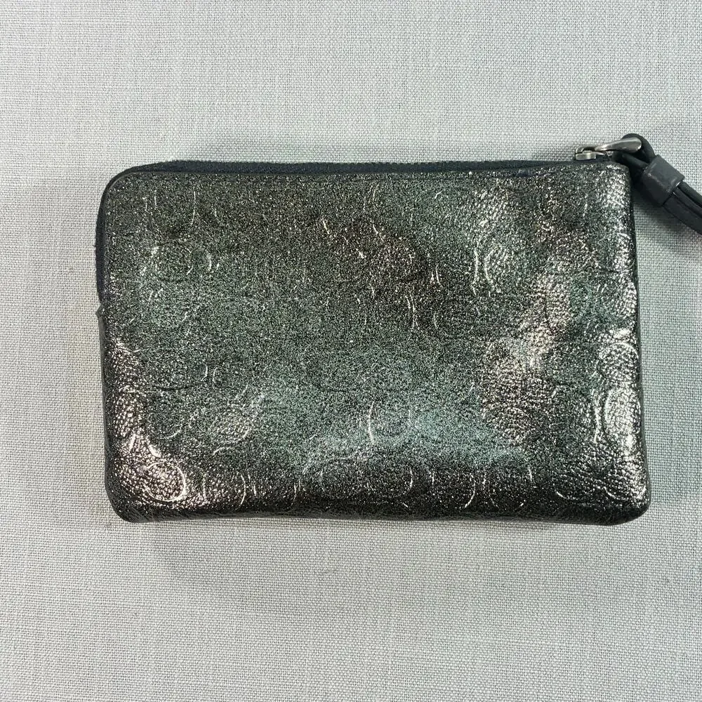 Coach Metallic Signature Embossed Leather Wristlet Black Gunmetal Zip Pouch